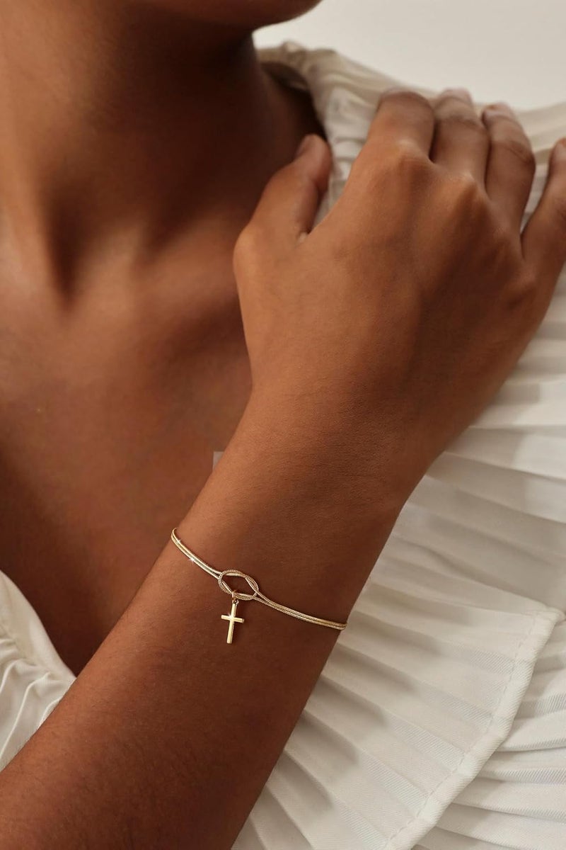 Moodear Valentines Day Gifts for Her, Dainty 925 Sterling Silver/14k Gold Plated CZ Cross Bracelet Layered Snake Pearl Chain Knot Bracelets for Women Trendy Religious Christian Jewelry - Image 4